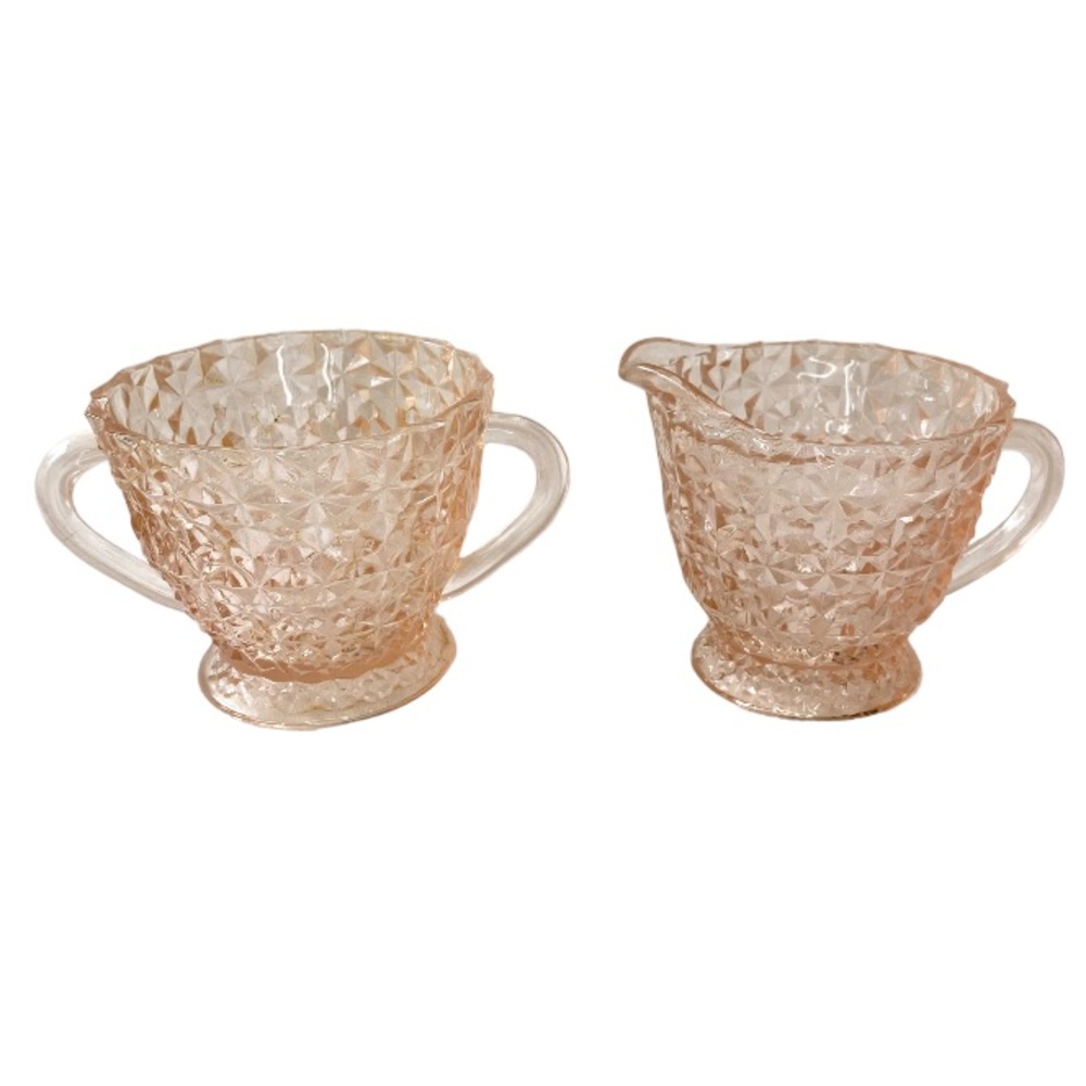 Jeannette Holiday Button and Bows Pink Depression Glass Creamer and Sugar 1940s
